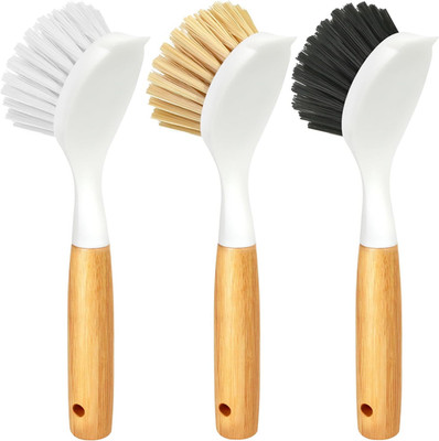 Holikme 3 Pack Dish Brush Set with Bamboo Handle, Kitchen Brushes for Cleaning P