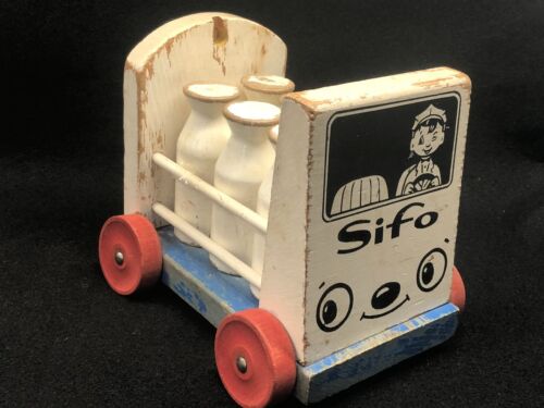 Vintage Sifo milk Truck Wooden Childrens Antique Toy 1950s Rare All 6 Bottles - Picture 1 of 12