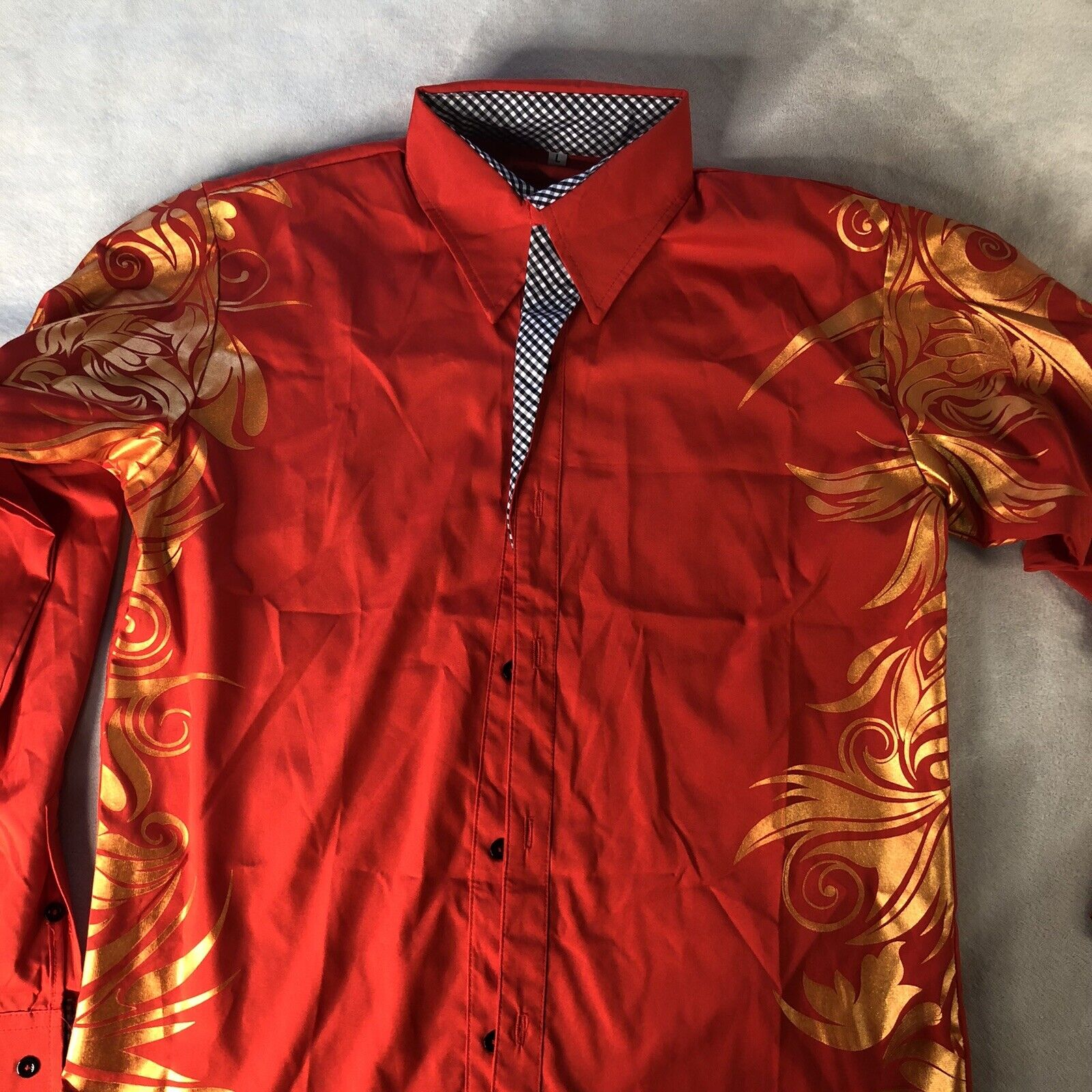 Luxury Cesnleoik Shirt Men's Large Long Sleeve Men Gold Print Red/Orange  Shirt