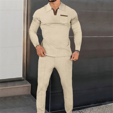 Men Waffle Tracksuit Outfit 2-Piece Set Long Sleeve Shirt and Pants Set