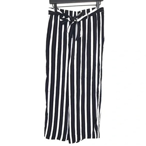 Aritzia Wilfred Faun Striped Wide Leg Pants Blue Black White Tie Pockets Size M - Picture 7 of 11