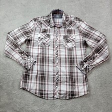 BKE Shirt Mens Large Brown Plaid Snap Button Designer Cowboy Rodeo Athletic Fit