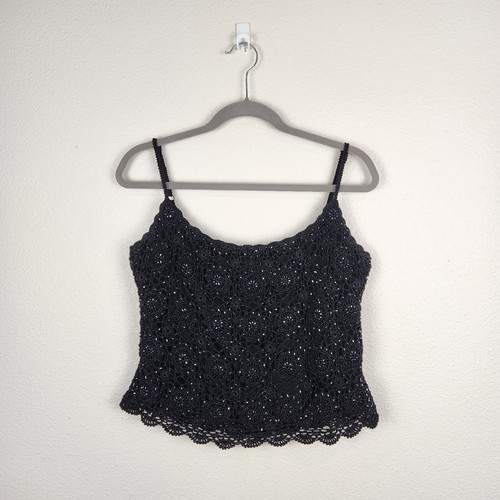 JS Collections Womens Black Beaded Crochet Crop Top Tank Size L Festival Silk - Picture 2 of 9
