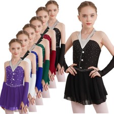 Kids Girls Figure Ice Skating Dress and Gloves Dance Gymnastic Leotard Dancewear