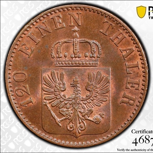 Germany, Prussia, Wilhelm I, 3 pfenninge 1861-A, Berlin, PCGS MS64RB, Top Pop!
