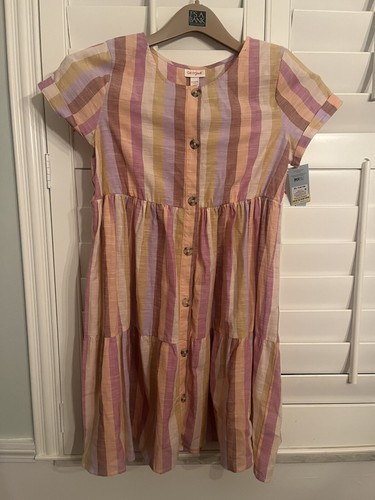Girls CAT & JACK pink Striped cotton dress 14/16 NWT Tiered retro buttons