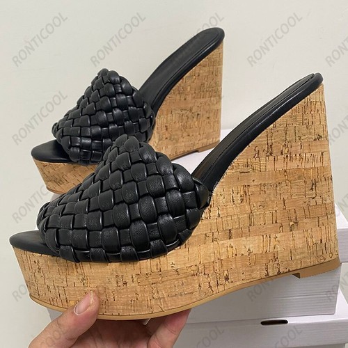 Women Mules Sandals Weave Style Cork Wedges Heels Open Toe Black White Party - Picture 5 of 5