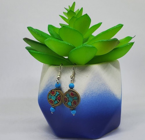 Vintage Turquoise Coral Tibetan Earring - Picture 4 of 8