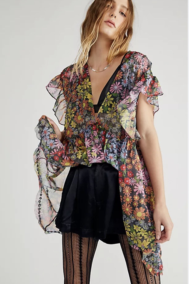 Топ-туника из прозрачного шифона Free People Daisy, расшитый бисером, S $198