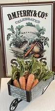Vintage D.M. Ferry & Co. Seeds For Sale Here tin sign & metal wheelbarrow carrot