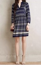 Anthropologie Holding Horses Farica Chevron Dress V Neck Long Sleeve Medium Navy