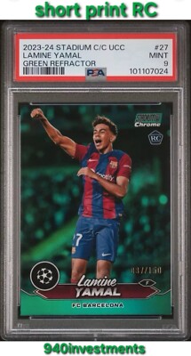 2023-24 TOPPS STADIUM CLUB CHROME LAMINE YAMAL #27 RC GREEN REFRACTOR /150 PSA 9
