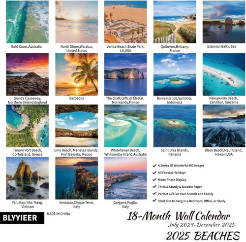 2025 Wall Calendar BEACHES, 18 Months Hangable Wall Calendars,Jul.2024-Dec.20 - Picture 2 of 11