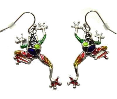 Silvertone Colorful Frog Earrings Enameled Gift Boxed Fast Shipping