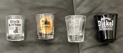 4 Vintage Shot Glasses Black & White Dickel Queen of Scots Old Ky Tavern NOS