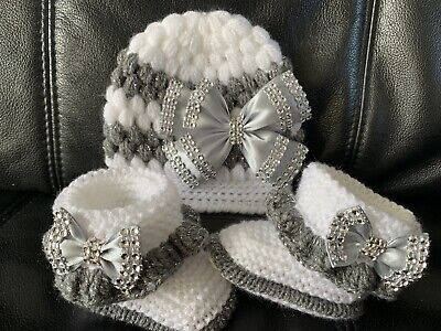 Hand knitted Romany Bling baby girls booties 0-3months