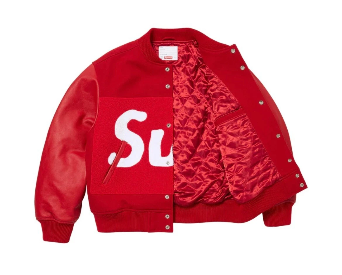 Supreme Big Logo Chenille Varsity Jacket Red M in Hand | eBay