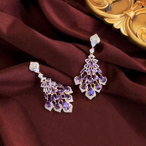 Women Yellow Gold Plated CZ Purple Crystal Chandelier Teardrop Dangle Earrings - Picture 5 of 8