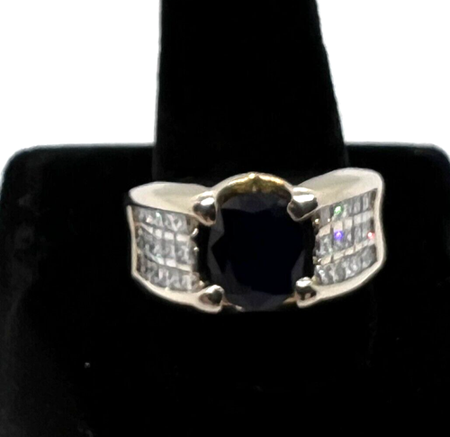 Men's Diamond & Blue Sapphire Ring 14kt Yellow Gold Size 10.5 - Picture 2 of 5