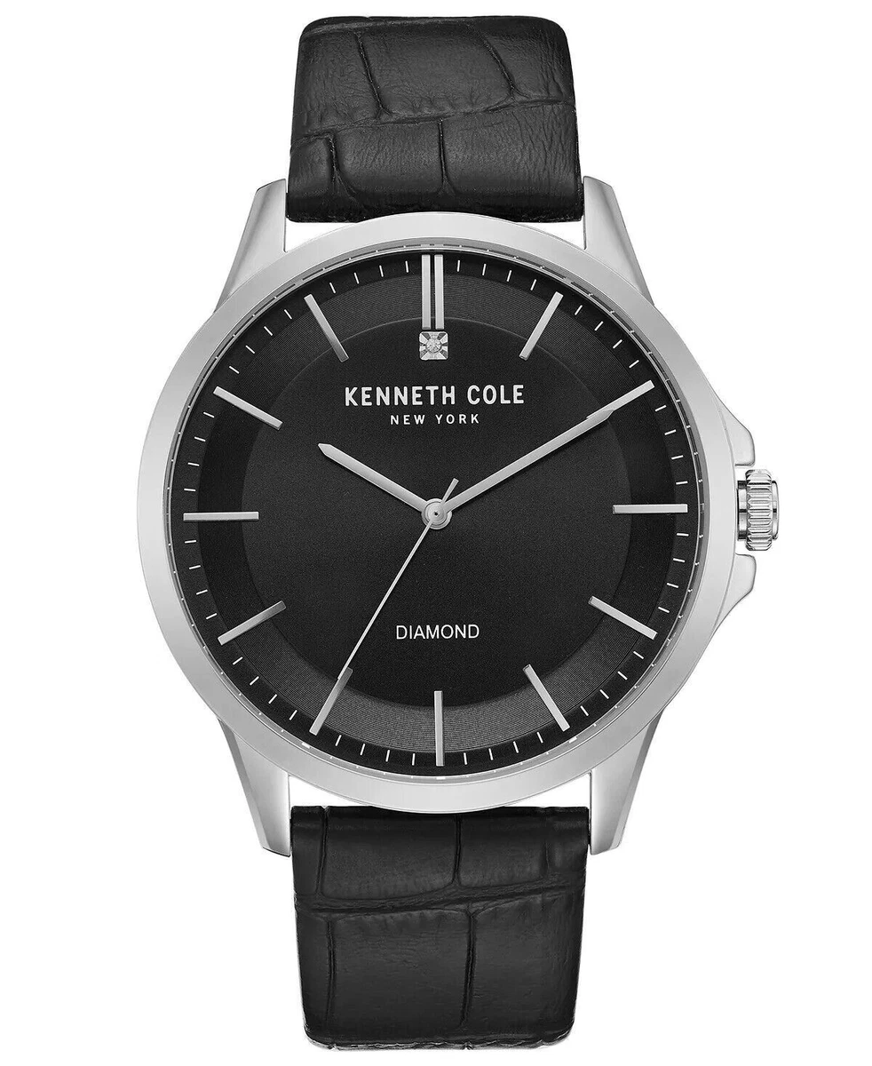 Kenneth Cole Mens Black Genuine Leather Watch KC50208001 44mm New with Box