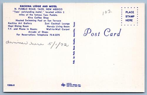 1970s KACHINA LODGE MOTEL TAOS NEW MEXICO COFFEE SHOP SWIMMING POOL POSTCARD - Picture 2 of 2