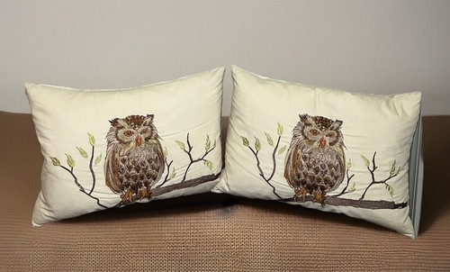 Set Of 2 - Storehouse Cotton Embroidered Owl Throw Pillows Feather Down 19x13