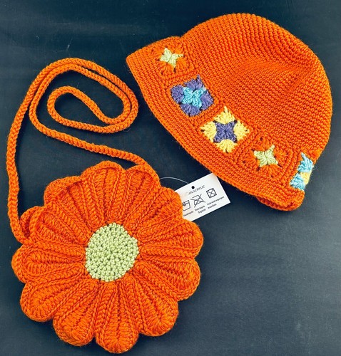 GIRL/WOMAN CROCHET HAT CLOCHE & CROSSBODY BAG PURSE FLOWER SHAPE ORANGE HANDMADE - Picture 4 of 4