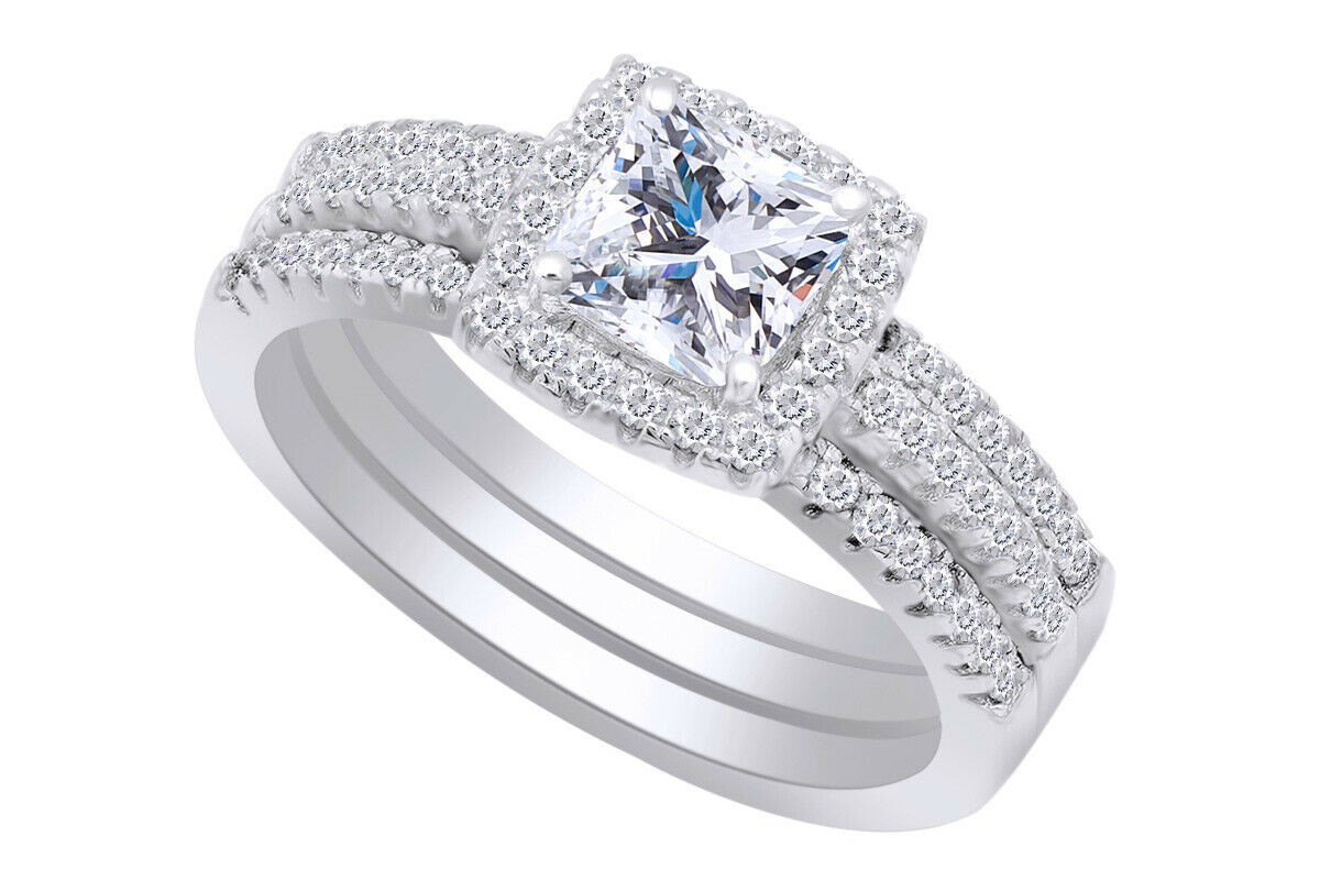 2pcs Halo Engagement Ring Set Princess Cut Cubic Zirconia 14K White Gold Plated