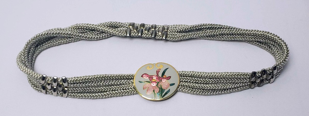 Vtg Yen China House Rope Belt Stretchy Orchid Cloisonne 