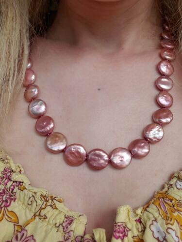 Honora Cultured Freshwater Pink Magenta Coin Pearl Necklace Strand 925 - Picture 4 of 13