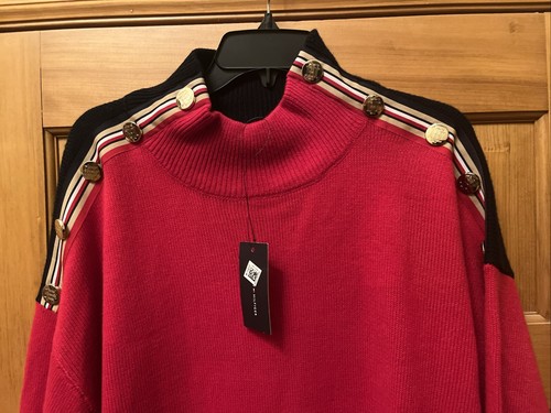 Tommy Hilfiger Sweater Red, Ribbon Shoulder Buttons, Mock Neck, Women XL $90 NWT - Picture 3 of 10