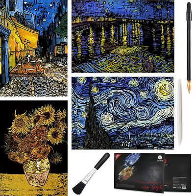 Scratch Art Painting 4 Pcs Vincent Van Gogh Scratch Rainbow Paper Set for Adults