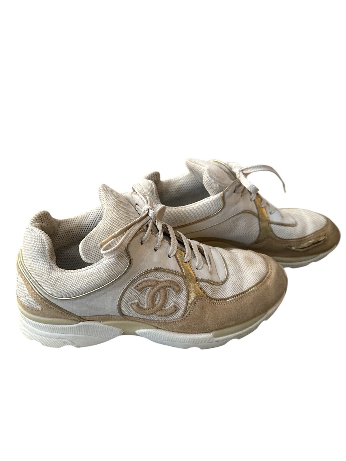 CHANEL Women's White Leather Suede Trainer Sneakers 37.5