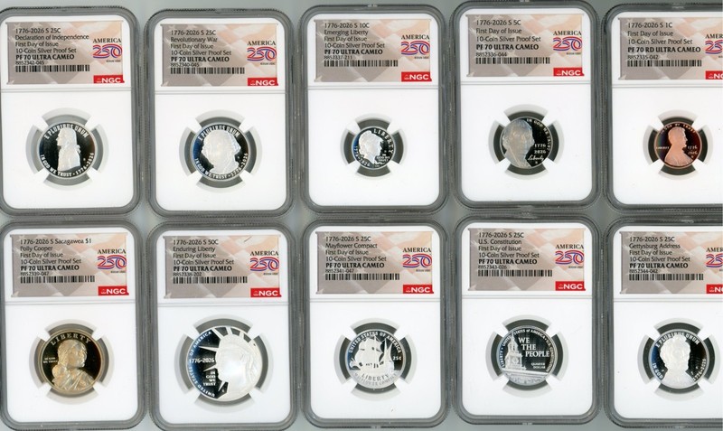 1776-2026 S Silver Proof 10-Coin Set PF70 NGC FDOI 250th Label - IN HAND