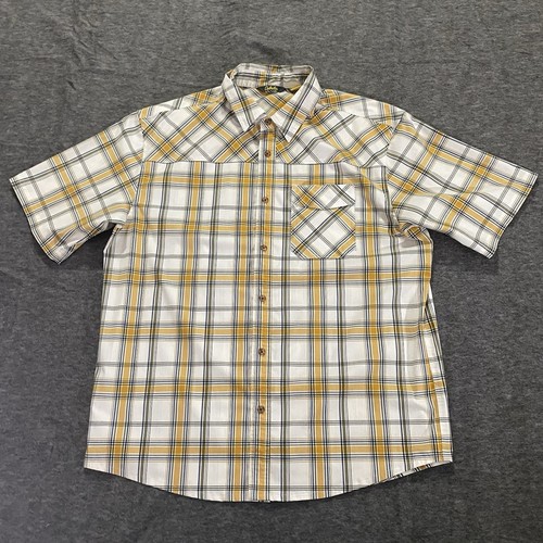 Cabelas Shirt Mens L Plaid Yellow Short Sleeve Button Pocket Fish Camp EUC - Picture 1 of 9