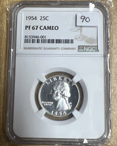 1954 P NGC PF67 Cameo Washington Silver Quarter US Mint Coin 1954-P PF-67 Cameo
