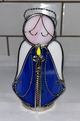 Vintage Stained Glass 5.5'' Blue angle holding candle - sun catcher glass art