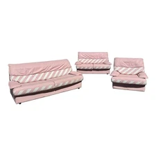 1980s Pink Candy Cane Pink and White Faux Leather Sofa Set - 3 Pieces