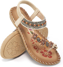 Flat Sandals for Women Summer: Casual Boho Beaded Toe Ring Dress Shoes - Comfort