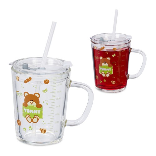 Kindergläser Bären Kinder Trinkglas 2er Set Glas Deckel & Strohhalm Henkelglas - Bild 1 von 9