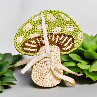 Mushroom Shaped Beaded Coaster Set Of 4 Green, Gold & White  5''x4'' NWT