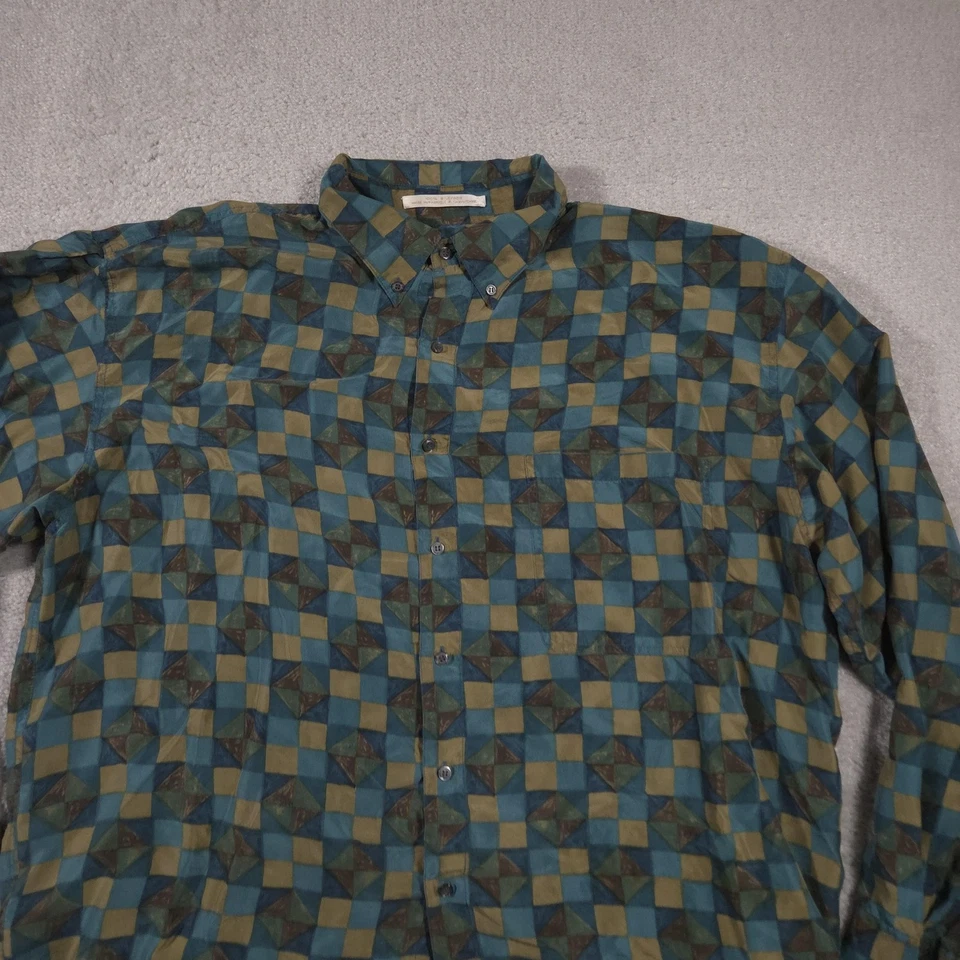Vintage Perry Ellis Shirt Mens XL Green Blue Silk Geometric Button Down 90s - Image 3 of 4