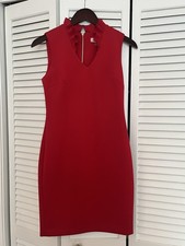 Calvin Klein Dress Womens 4 Red Sleeveless Ruffle Neck Sheath Zip Back Cocktail