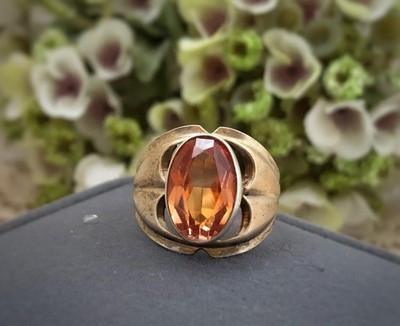 Estate Vintage Soviet Jewelry Ring Citrine Gilt Sterling Silver 875 USSR S 6.5