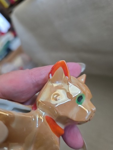 Lusterware-Orange Iridescent Cat Cubist Style Pin holder or small vase - Picture 8 of 9