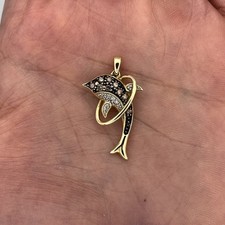 14k Yellow Gold Champagne and White Diamond Dolphin Charm Pendant 1"
