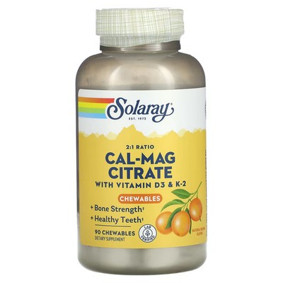 2 X Solaray, Cal-Mag Citrate with Vitamin D3 & K2, Natural Orange, 90 Chewables