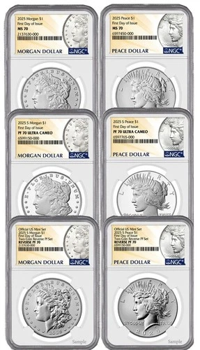 6 Coin Set 2025 Morgan and Peace Silver Dollars NGC MS PF RP 70 FDOI MP presale