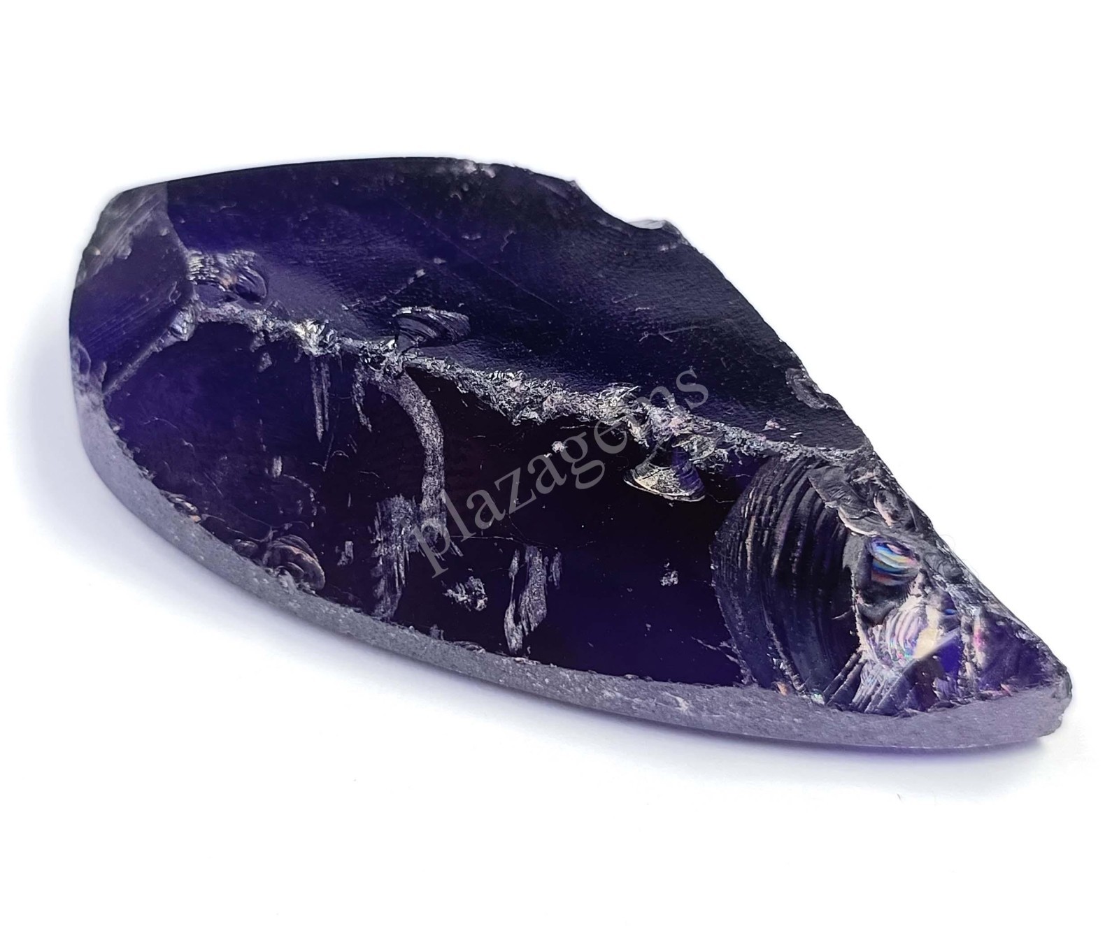 Rough purple zircon stone with black inclusions and “PLAZOES” text, 411.05 ct, best quality loose gems.