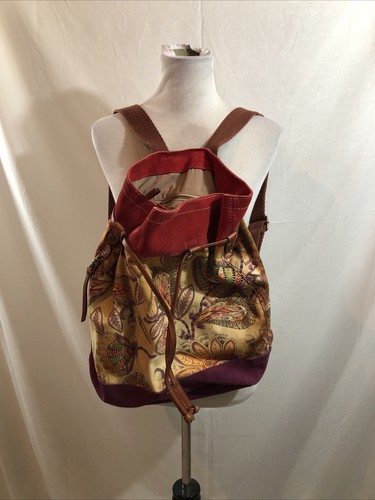 Lucky Brand Canvas & Suede Backpack, Red & Purple Floral - 14.5” X 13” X 9”